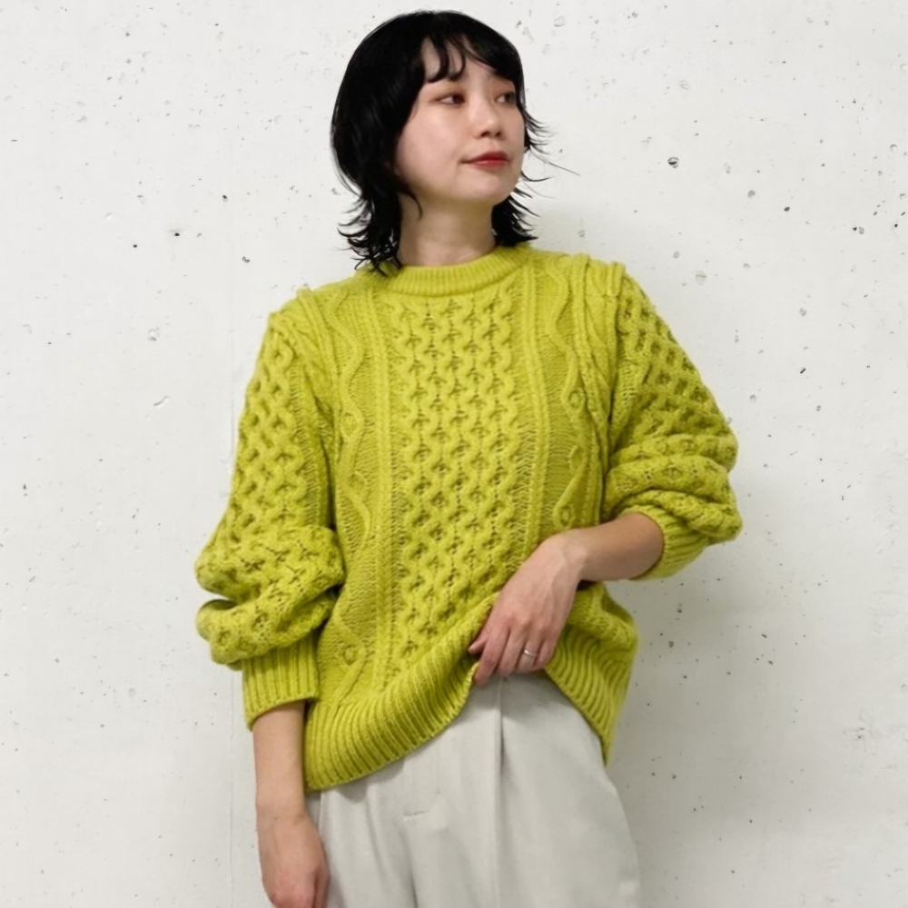KBF Women's Green Popcorn Cableknit Sweater One Size Long-Sleeve Japanese.